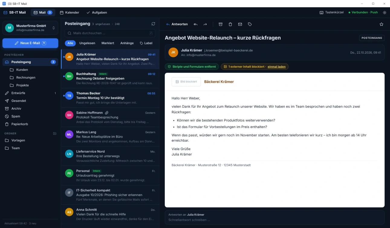 SB-IT Mail: Posteingang mit geöffneter E-Mail, Skripte entfernt und externe Inhalte blockiert