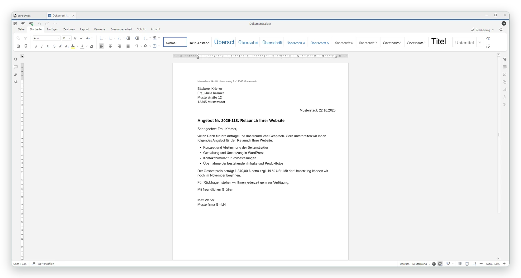 Euro-Office: Angebot als Textdokument mit Word-ähnlicher Oberfläche