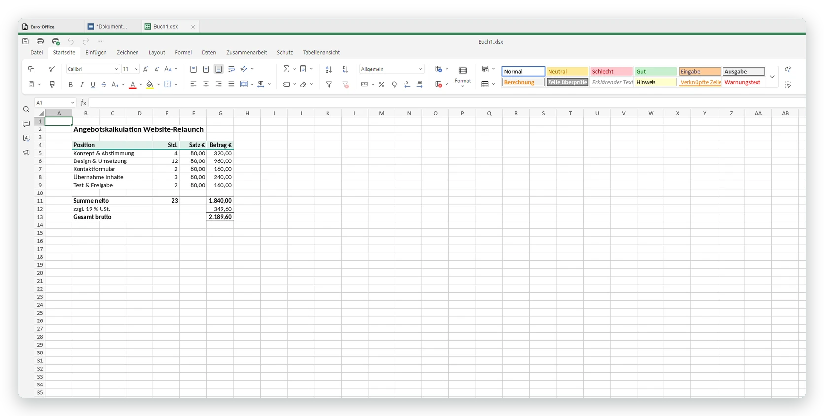 Euro-Office: Kalkulation als Tabelle mit Excel-ähnlicher Oberfläche